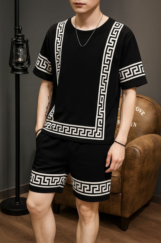 Printed Shorts and trousers Set Cotton Blend Fabric Casual Sport Style Multi Color